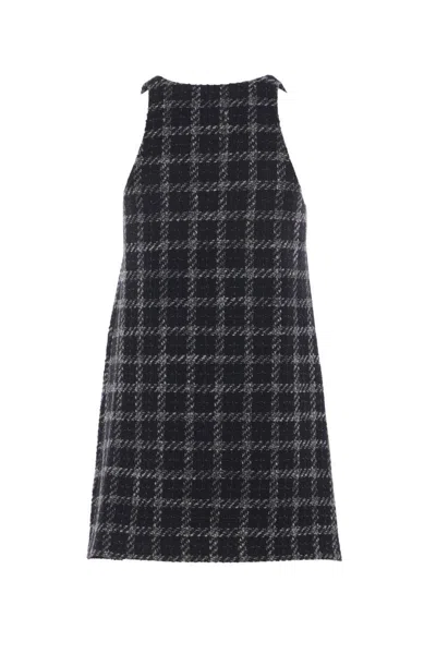 Diesel Mini Dress Checked Pattern Sleeveless V-neckline In Blue
