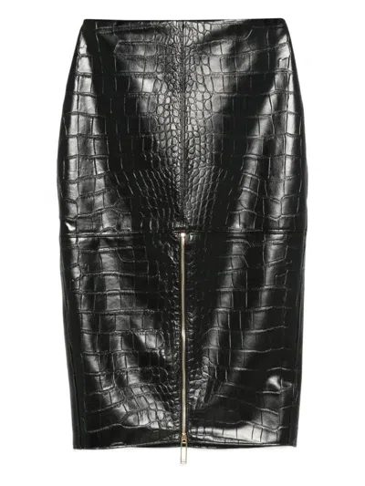 Elisabetta Franchi Crocodile-embossed Zip-detail Skirt In Black