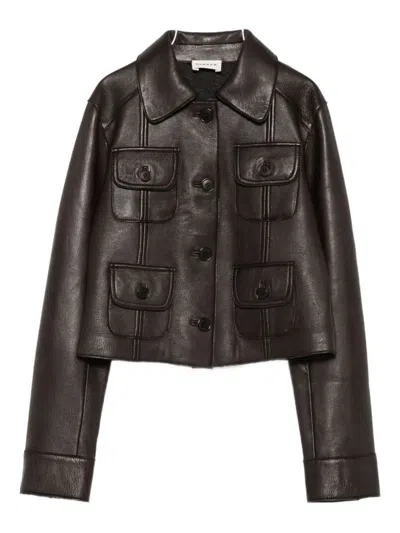 P.a.r.o.s.h Collared Leather Jacket Long Sleeves Flap Pockets In Brown