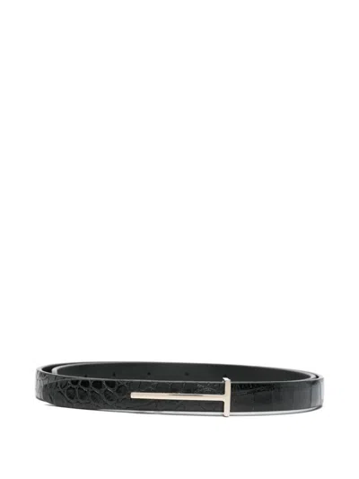 Tom Ford Crocodile Texture Adjustable Leather Strap In Black