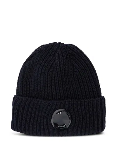 C.p. Company Blue Knit Beanie With Logo Plaque On The Front In Wool Man In Blue