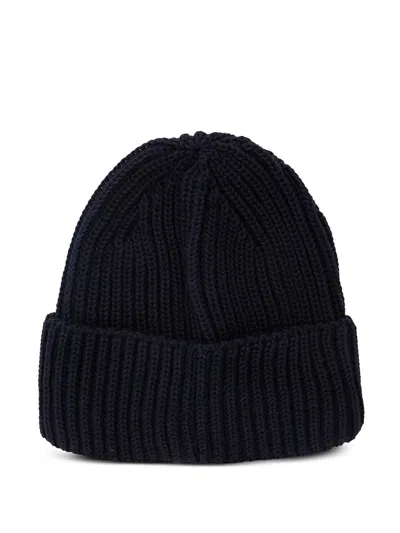 C.p. Company Blue Knit Beanie With Logo Plaque On The Front In Wool Man In Blue