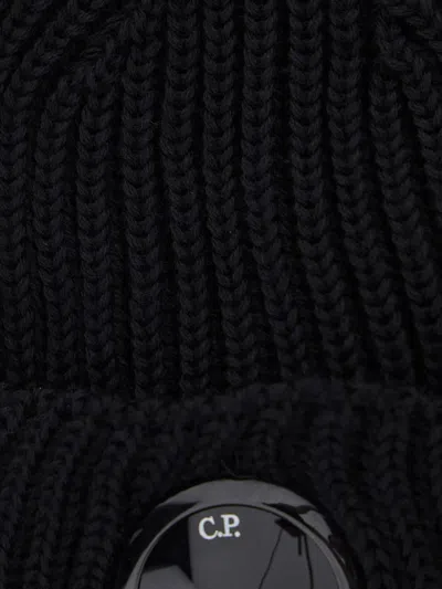 C.p. Company Blue Knit Beanie With Logo Plaque On The Front In Wool Man In Blue