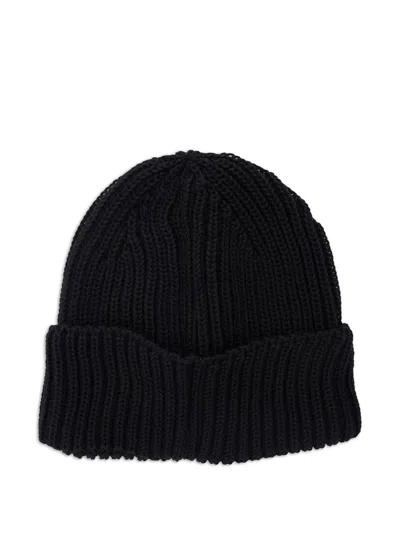 C.p. Company Black Knit Beanie With Logo Plaque On The Front In Wool Man In Black