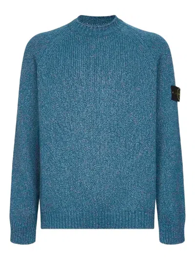 Stone Island Textured Knit Sweater With Distinctive Sleeve Patch In Blue