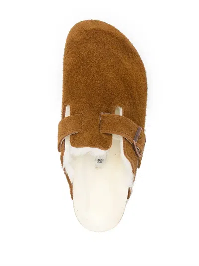Birkenstock Boston Suede Mule With Fur Lining Shoes In Brown