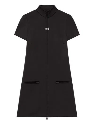 Courrèges Short Sleeve Dress With High Collar And Pockets In Black