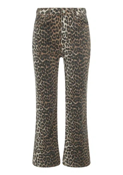 Ganni Leopard Print Cropped Jeans With Flared Hem In Brown
