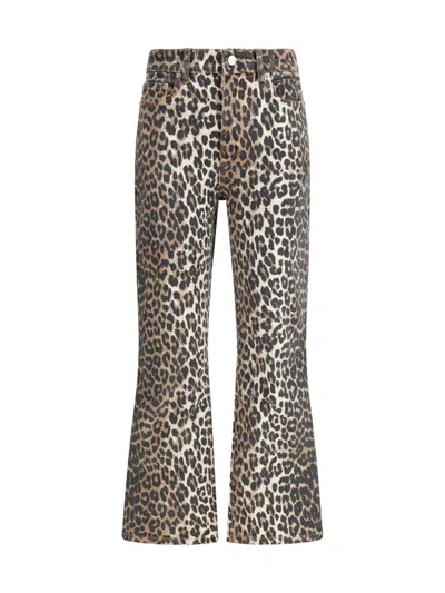 Ganni Leopard Print Cropped Jeans With Flared Hem In Brown