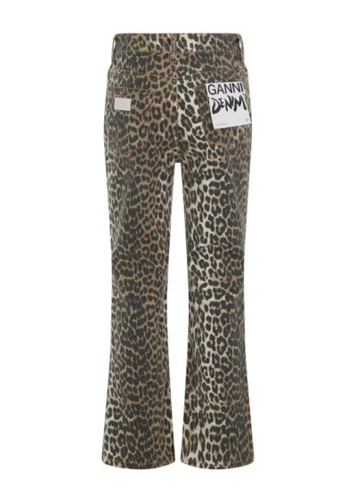Ganni Leopard Print Cropped Jeans With Flared Hem In Brown