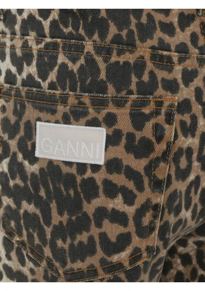 Ganni Leopard Print Cropped Jeans With Flared Hem In Brown