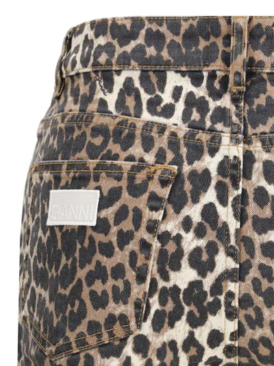 Ganni Leopard Print Cropped Jeans With Flared Hem In Brown