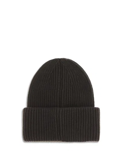 Moncler Dark Brown Textured Logo Beanie Hat In Black