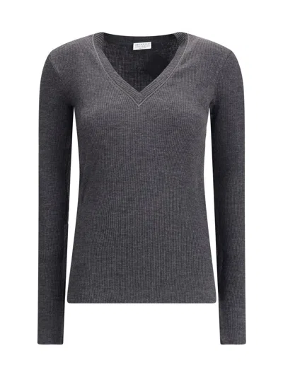 Brunello Cucinelli Women Long Sleeve Wool Ribbed Jersey T-shirt With Shiny Trim In Black