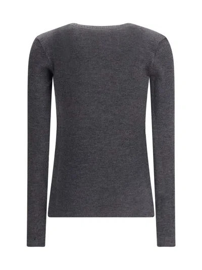 Brunello Cucinelli Women Long Sleeve Wool Ribbed Jersey T-shirt With Shiny Trim In Black