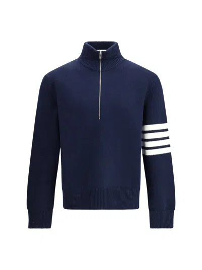 Thom Browne Elegant Sweater With Half-zip Detail On The Neck In Blue