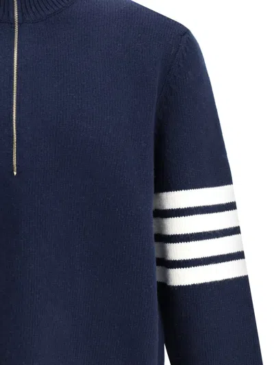 Thom Browne Elegant Sweater With Half-zip Detail On The Neck In Blue