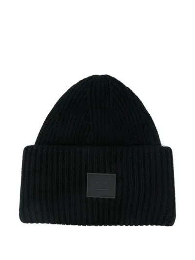 Acne Studios Pansy Face Ribbed Wool-blend Beanie In Black