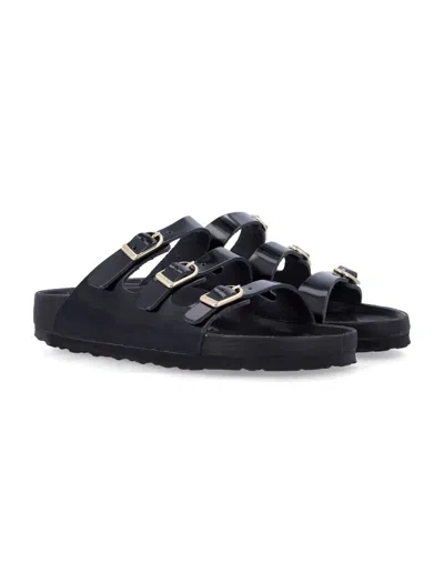 Birkenstock Arizona Sandalwood In Black Patent Leather With Three Buckles In Black