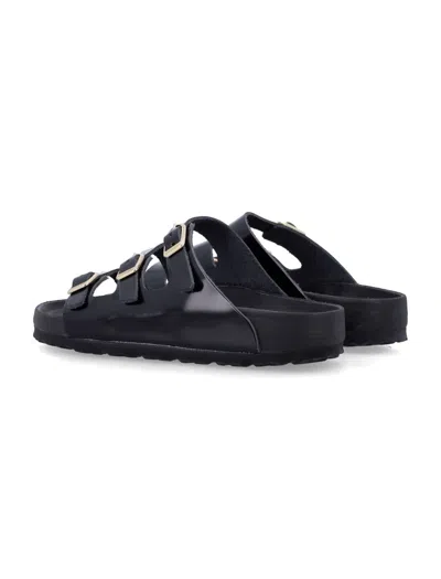Birkenstock Arizona Sandalwood In Black Patent Leather With Three Buckles In Black
