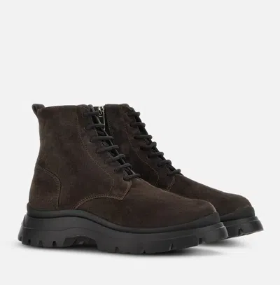 Hogan Chunky Sole Lace-up Suede Ankle Boots In Brown