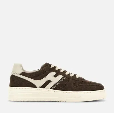 Hogan Leather Sneakers With Suede Finish And Rubber Sole In Brown