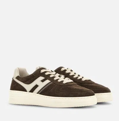 Hogan Leather Sneakers With Suede Finish And Rubber Sole In Brown