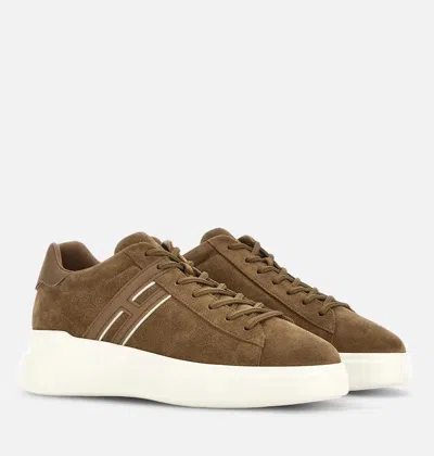 Hogan Earth Brown Leather Sneakers With Memory Foam Insole And Appliqué Logo In Brown