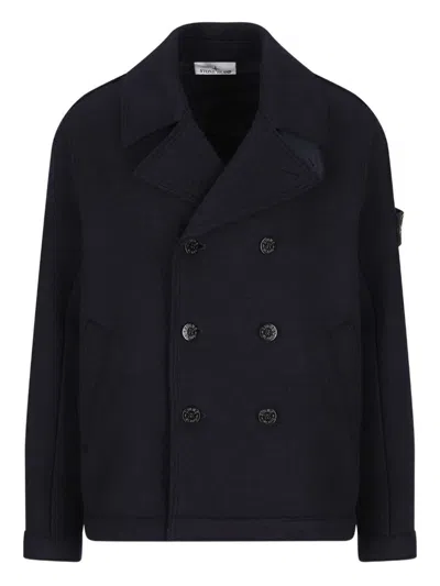 Stone Island Double-breasted Blue Coat With Structured Collar In Blue