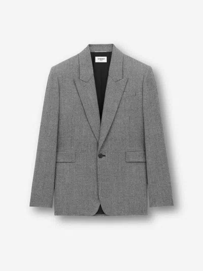 Saint Laurent Prince Of Wales Wool Flannel Jacket Clothing In Gray