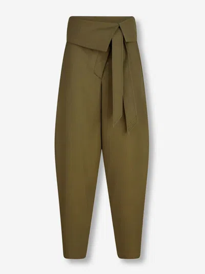 Attico Wool Gabardine Trousers High Waist Tie Wide Leg In Green