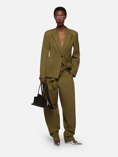 Attico Wool Gabardine Trousers High Waist Tie Wide Leg In Green