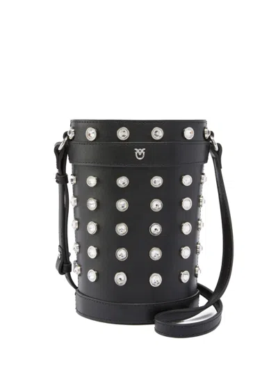 Pinko Mini Crystal Studded Leather Bucket Bag In Black
