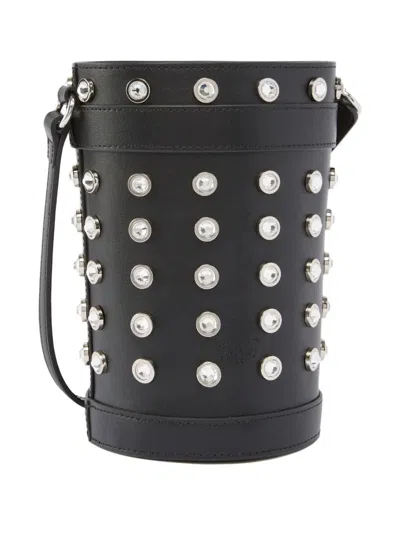 Pinko Mini Crystal Studded Leather Bucket Bag In Black