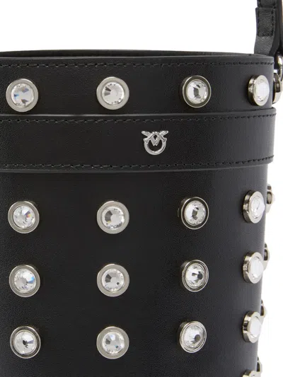 Pinko Mini Crystal Studded Leather Bucket Bag In Black