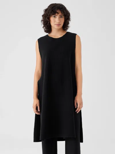 Eileen Fisher Lightweight Boiled Wool Bateau Neck Long Top In Regenerative Wool In Black