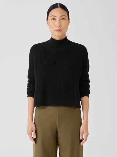 Eileen Fisher Merino Cropped Turtleneck Top In Regenerative Wool In Black
