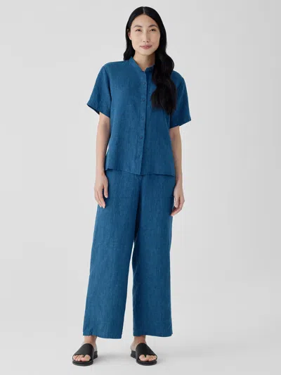 Eileen Fisher Washed Organic Linen Delave Wide Trouser Pant In Blue