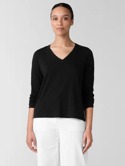 Eileen Fisher Organic Cotton Slubby Jersey V-neck Top In Black