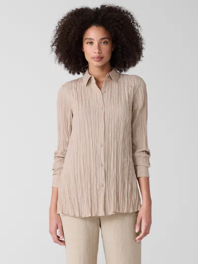 Eileen Fisher Crinkle Silk Habutai Classic Collar Shirt In White