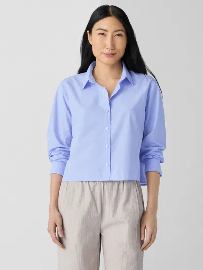 Eileen Fisher Washed Organic Cotton Poplin Classic Collar Short Shirt In Blue
