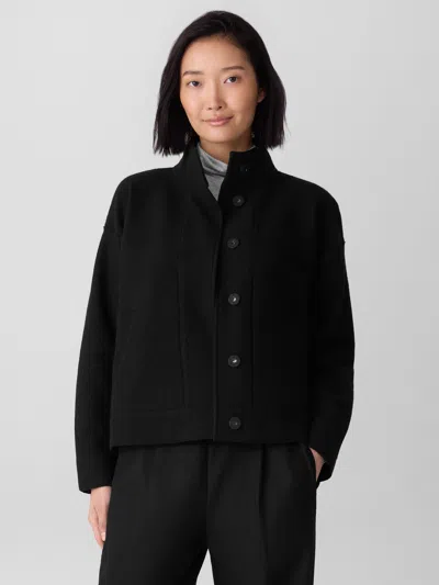 Eileen Fisher Lightweight Boiled Wool Stand Collar Jacket In Regenerative Wool In Black