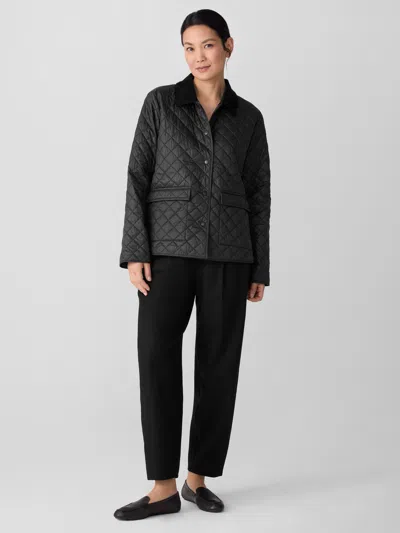 Eileen Fisher Eggshell Recycled Nylon Quilted Classic Collar Jacket In Black