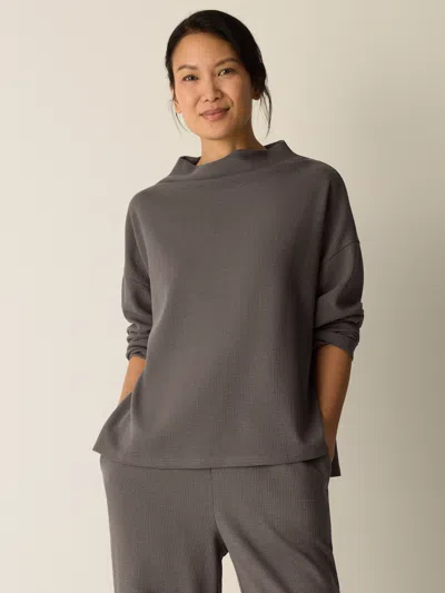 Eileen Fisher Waffle Cotton Blend Doubleknit Funnel Neck Box-top In Gray