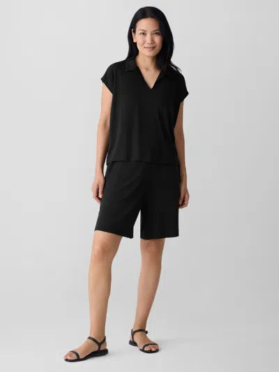 Eileen Fisher Fine Jersey Split Neck Top In Black