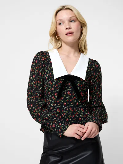 French Connection Yasmin Floral Collared Long Sleeve Top In Black