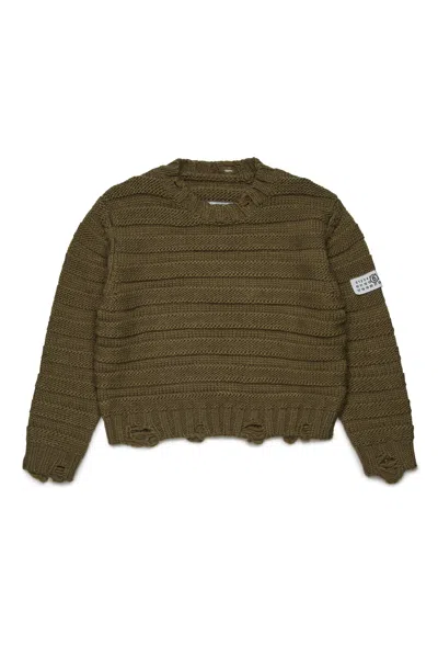 Mm6 Maison Margiela Ribbed Wool Blend Pullover With Breaks In Brown