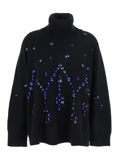 Alberta Ferretti Women Black High-neck Jumper With All-over Crystals Embellishment In Wool And Silk  In Black