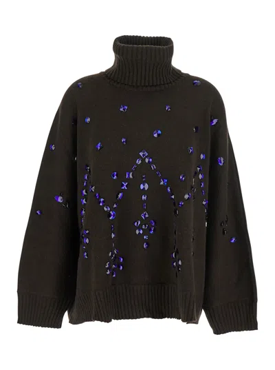 Alberta Ferretti Women Brown High-neck Jumper With All-over Crystals Embellishment In Wool And Silk  In Brown