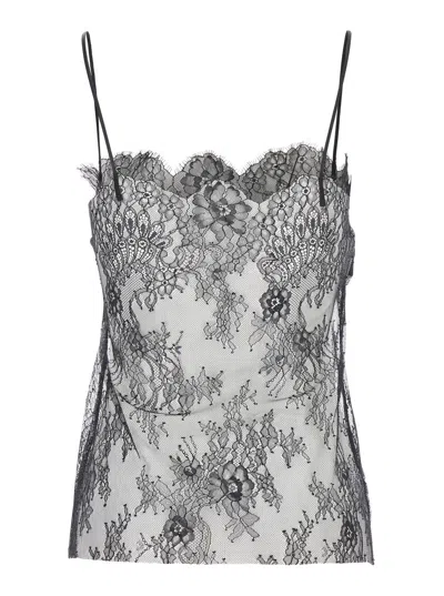 Alberta Ferretti Women Black Top With Thin Straps And Floral Embellishment In Lace Woman In Gray
